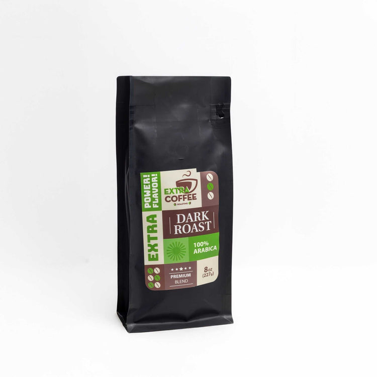Package of Dark Roast Coffee premium 100% Arabica intense roasted beans with bold flavor and caramel notes