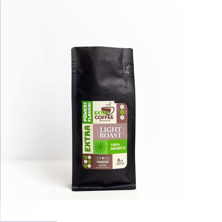 Black bag of Extra Light Roast Coffee 100% Arabica premium blend coffee beans 8oz