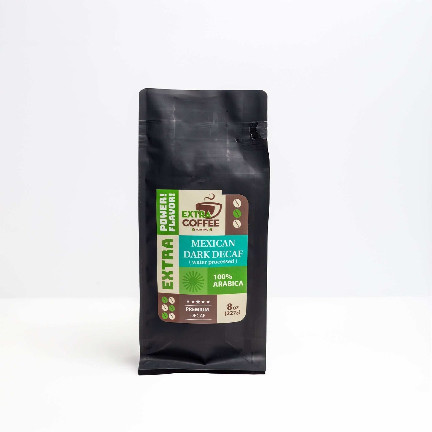 Mexican Dark Decaf coffee bag, 100% Arabica, premium decaf, rich dark roast with chocolate and citrus notes