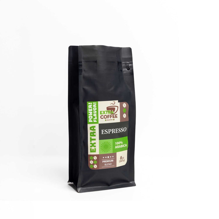 Black 8oz bag of Extra Coffee Espresso Coffee 100% Arabica premium blend beans