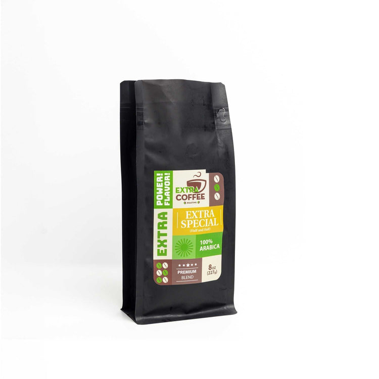Black bag of Extra Special Coffee premium blend 100% Arabica with power flavor label on white background